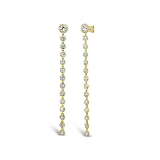 14K Gold 3.10 TCW Long Diamond Drop Earrings Round Cut Halo Dangle Natural