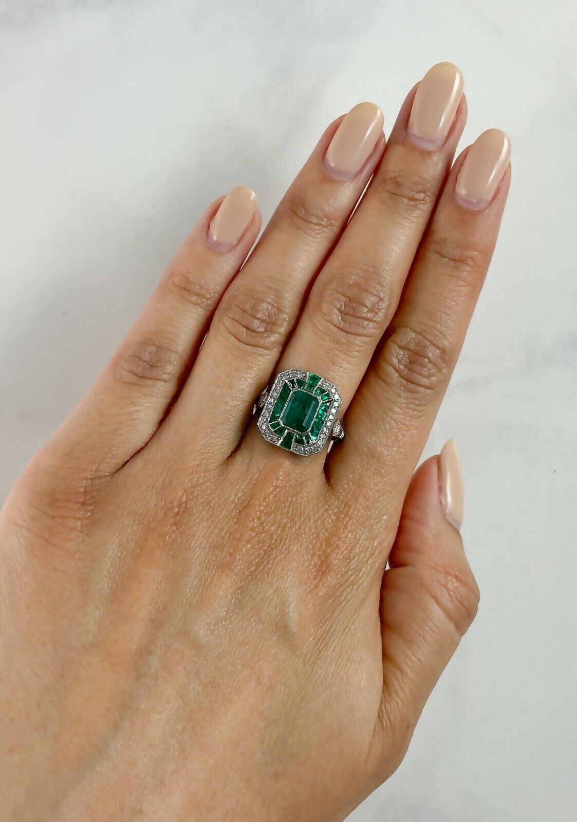 Emerald Platinum Diamond Ring Art Deco Handmade Certified Natural