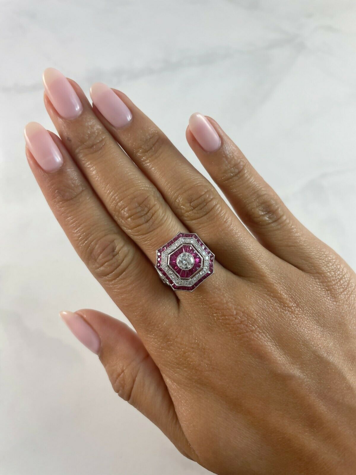 Art Deco Diamond Ruby Platinum Ring Handmade French Cut Cocktail Natural