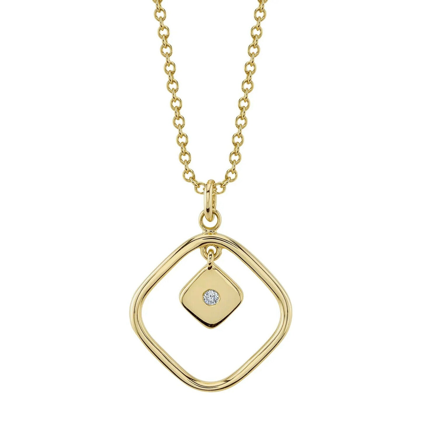 Diamond Diagonal Square Necklace 14K Yellow Gold Dangle Dangling Pendant Bezel