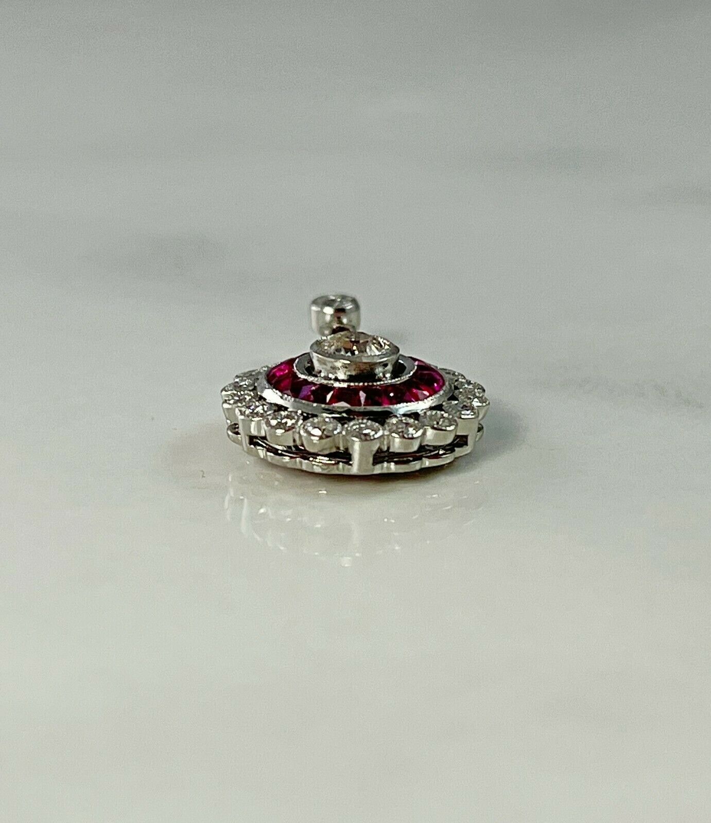 Art Deco French Cut Ruby Diamond Pendant Necklace Platinum Natural Chain Included
