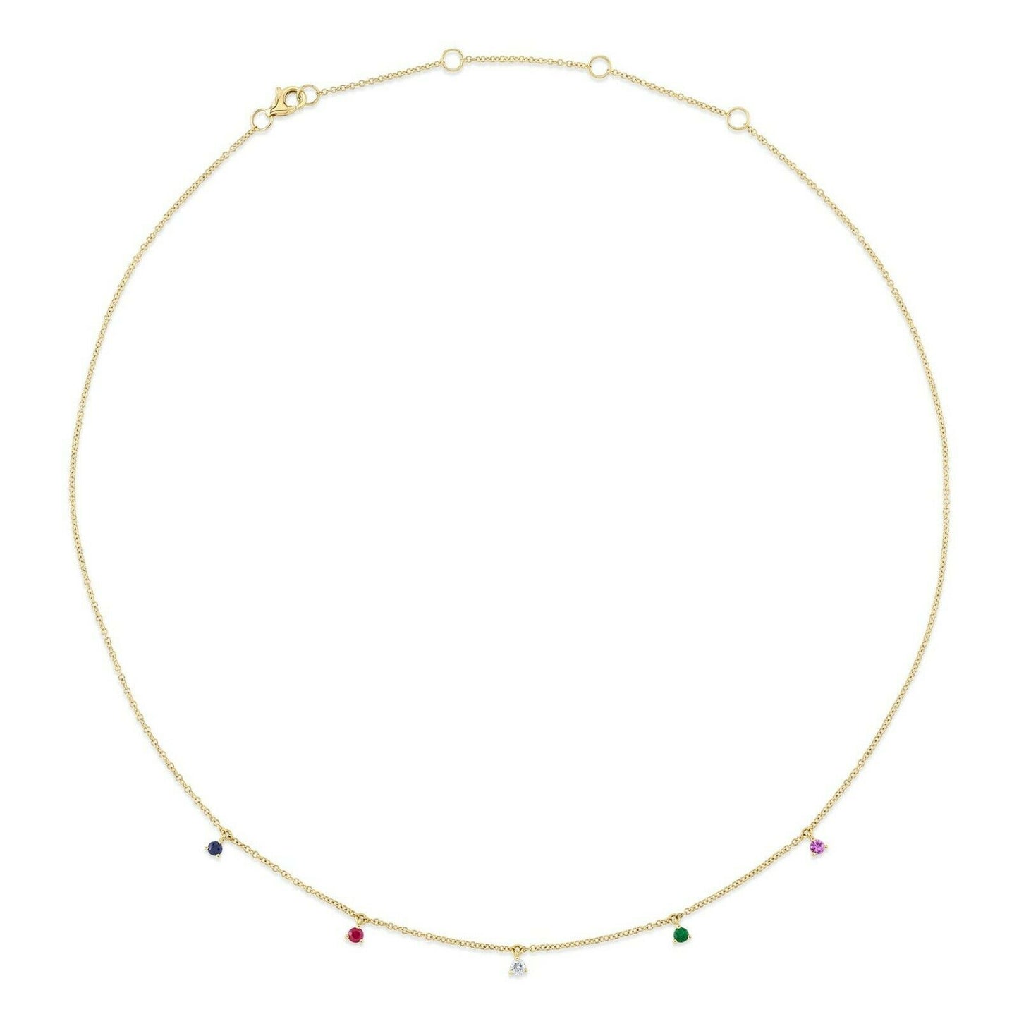 14K Gold 0.35 TCW Diamond Multi Color Gemstone Rainbow Necklace Round Cut