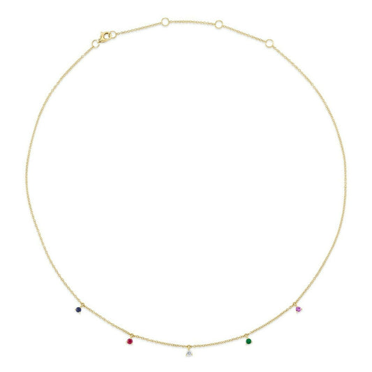 14K Gold 0.35 TCW Diamond Multi Color Gemstone Rainbow Necklace Round Cut