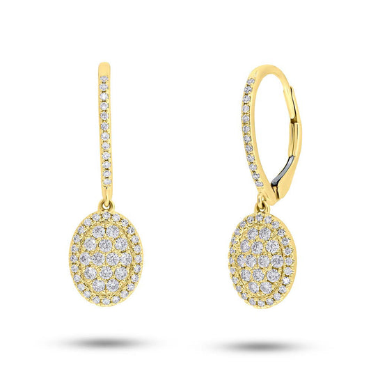 14K Gold 0.49 CT Diamond Oval Earrings  Dangle Drop Lever back Dangling Pave Round