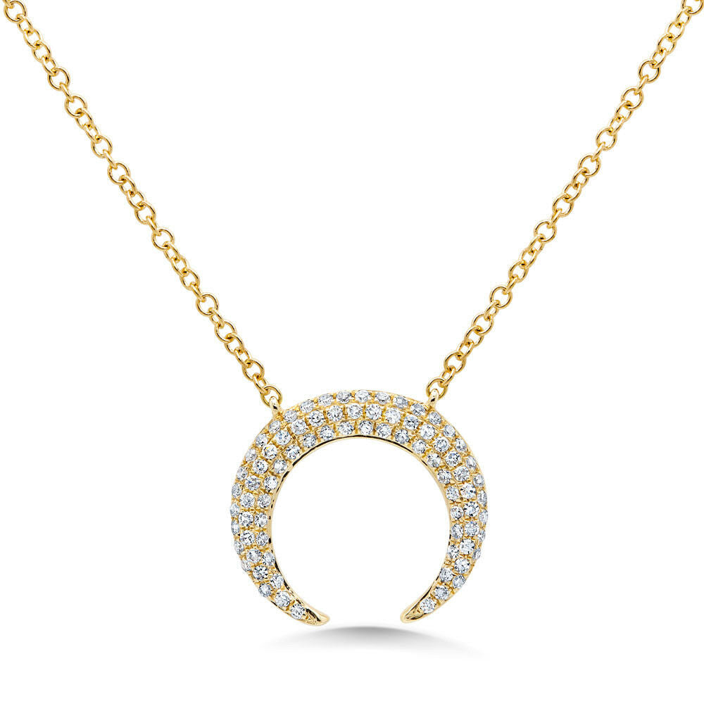 14K Gold 0.20 CT Diamond Crescent Moon Pendant Necklace Women's Pave Round Cut