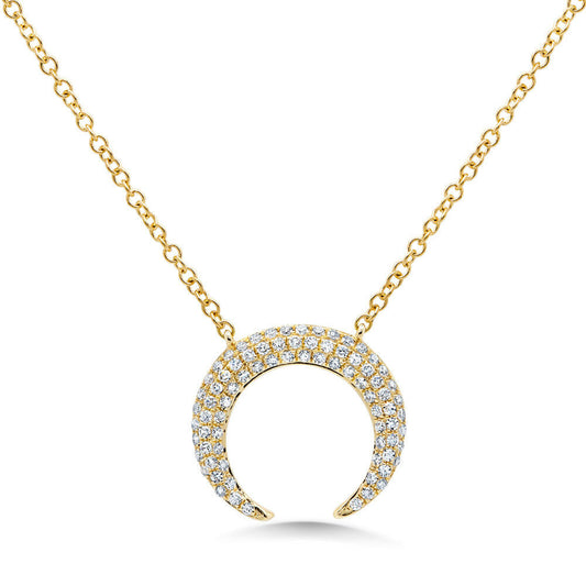 14K Gold 0.20 CT Diamond Crescent Moon Pendant Necklace Women's Pave Round Cut