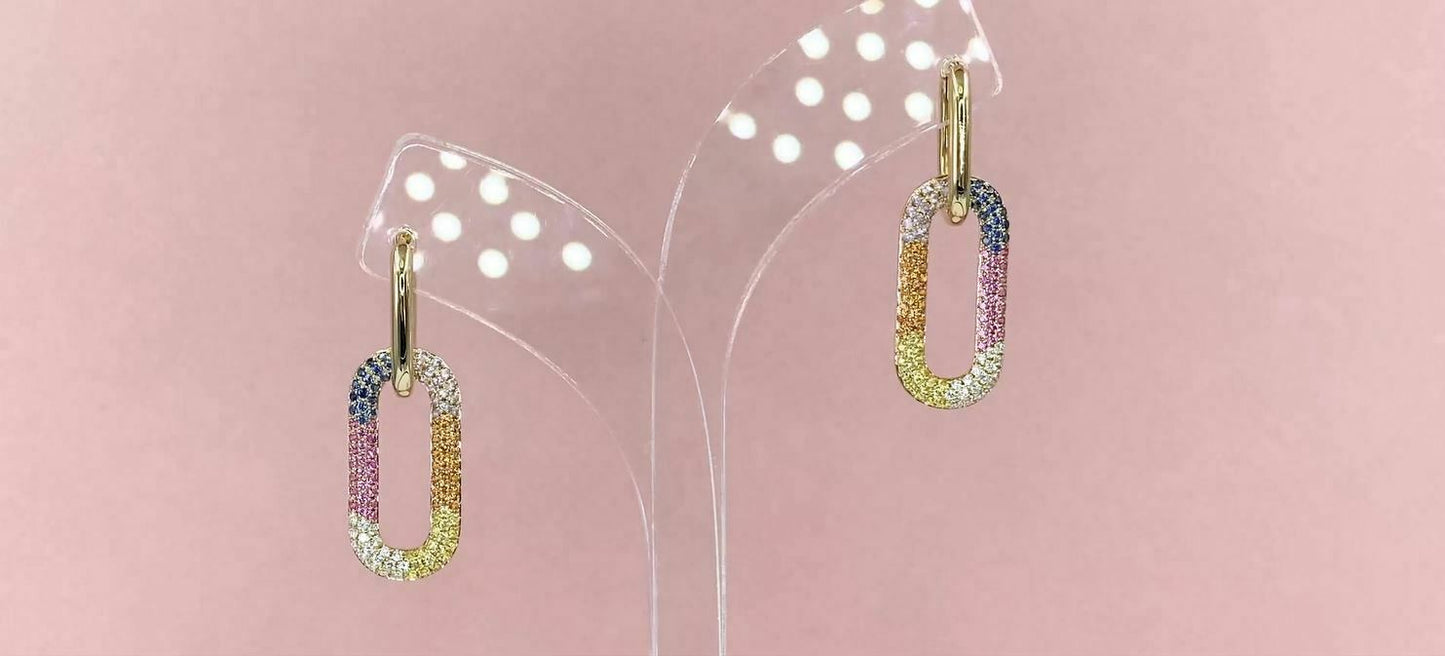 14K Gold 1.18 CT Multi Color Gemstone Diamond Rainbow Earrings Drop Dangle