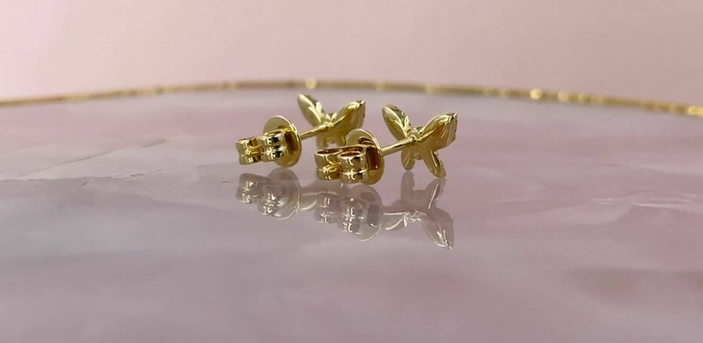 14K Gold 0.16 CT Diamond Butterfly Earrings Studs Round Natural Children Adult