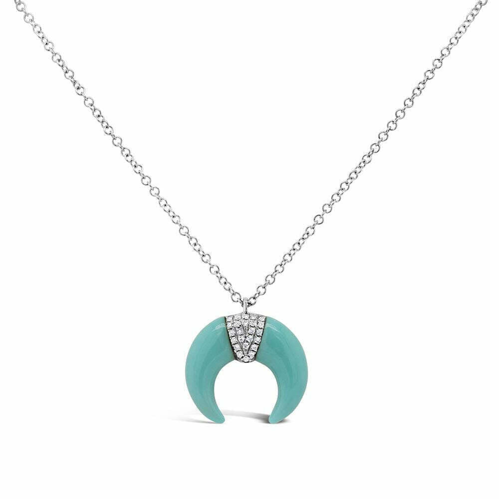 Diamond Turquoise Crescent Pendant Necklace 14k White Gold Natural Pave 1.84TCW
