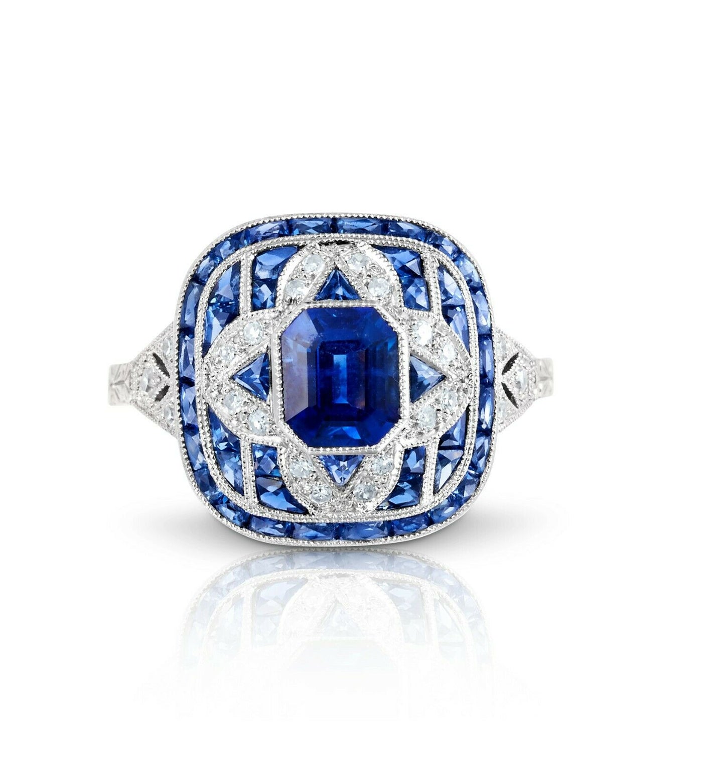 Art Deco Emerald Cut Blue Sapphire Diamond Platinum Ring