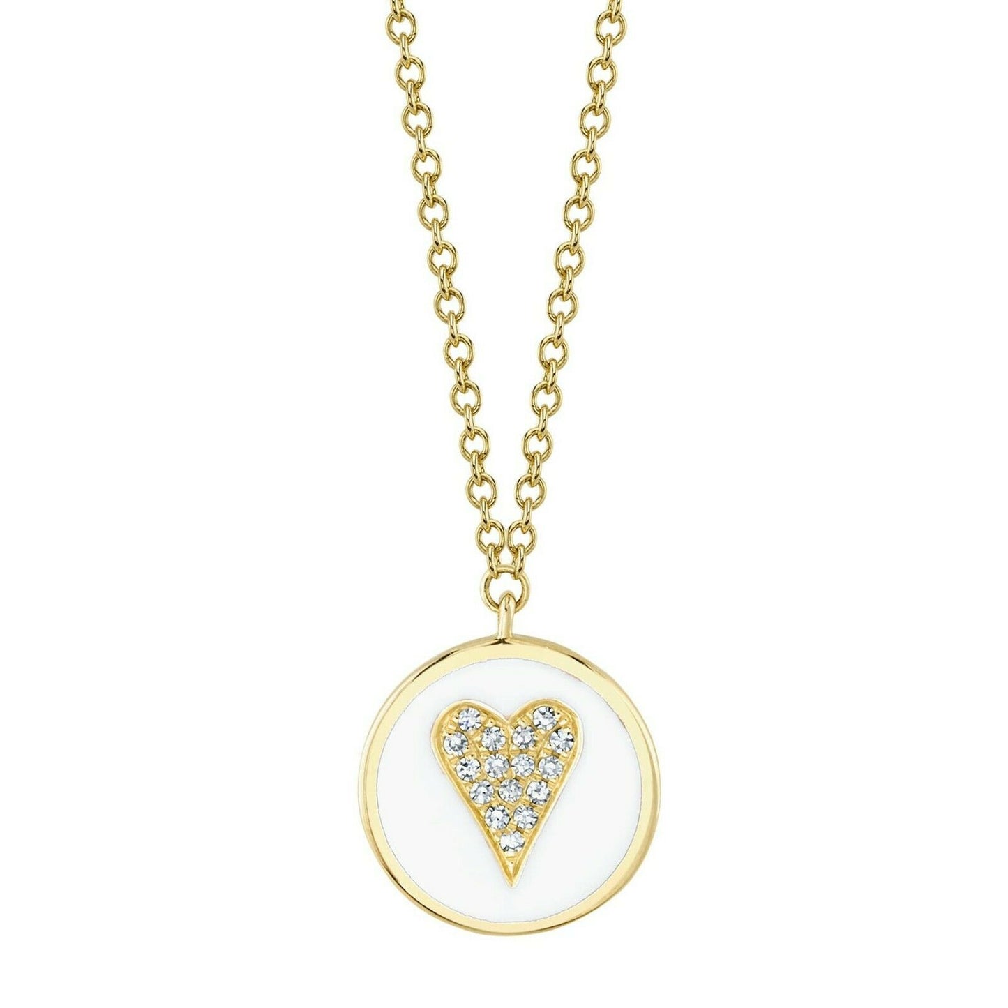 White Enamel Diamond Heart Necklace 14K Yellow Gold Circle Disc 0.04 CT Natural