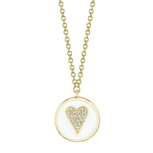 White Enamel Diamond Heart Necklace 14K Yellow Gold Circle Disc 0.04 CT Natural