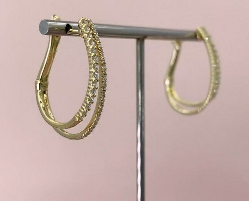 14k Gold 0.44 CT Diamond Twin Hoop Earrings Natural Round Cut