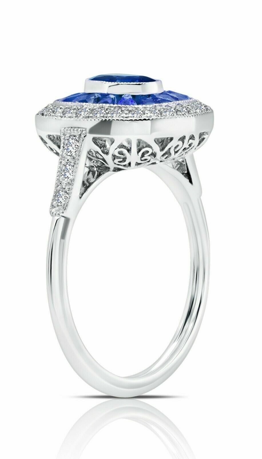 Art Deco Oval Blue Sapphire Diamond Platinum Ring French Cut Baguette Natural
