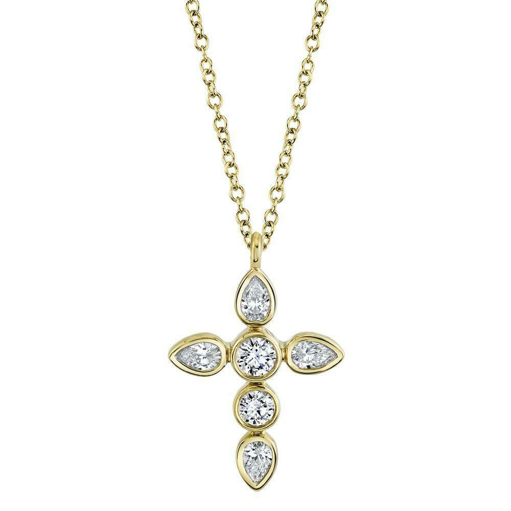 Diamond Cross Necklace 14K Yellow Gold Pear Round 0.42CT Natural Womens Pendant