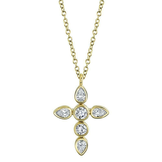 Diamond Cross Necklace 14K Yellow Gold Pear Round 0.42CT Natural Womens Pendant