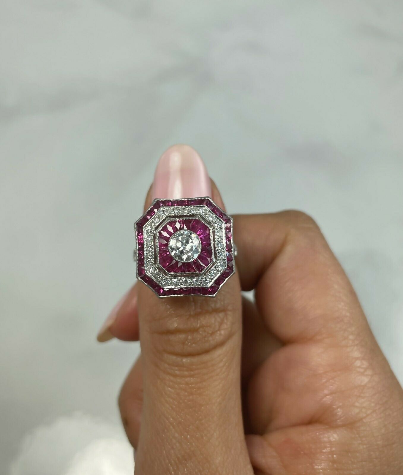 Art Deco Diamond Ruby Platinum Ring Handmade French Cut Cocktail Natural