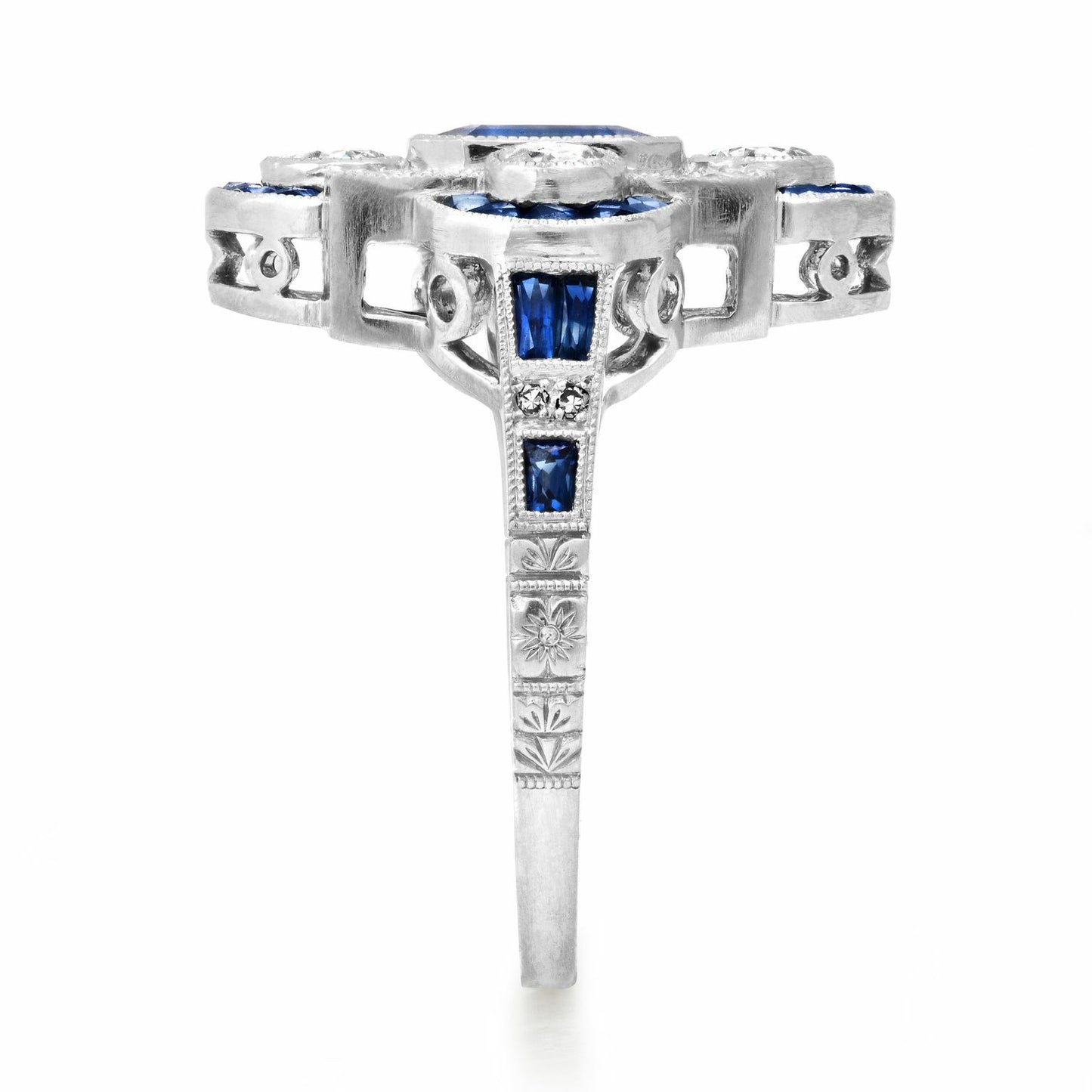 Art Deco Emerald Cut Blue Sapphire Diamond Platinum Ring