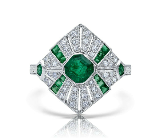 Emerald Platinum Diamond Ring Handmade Art Deco Certified Natural