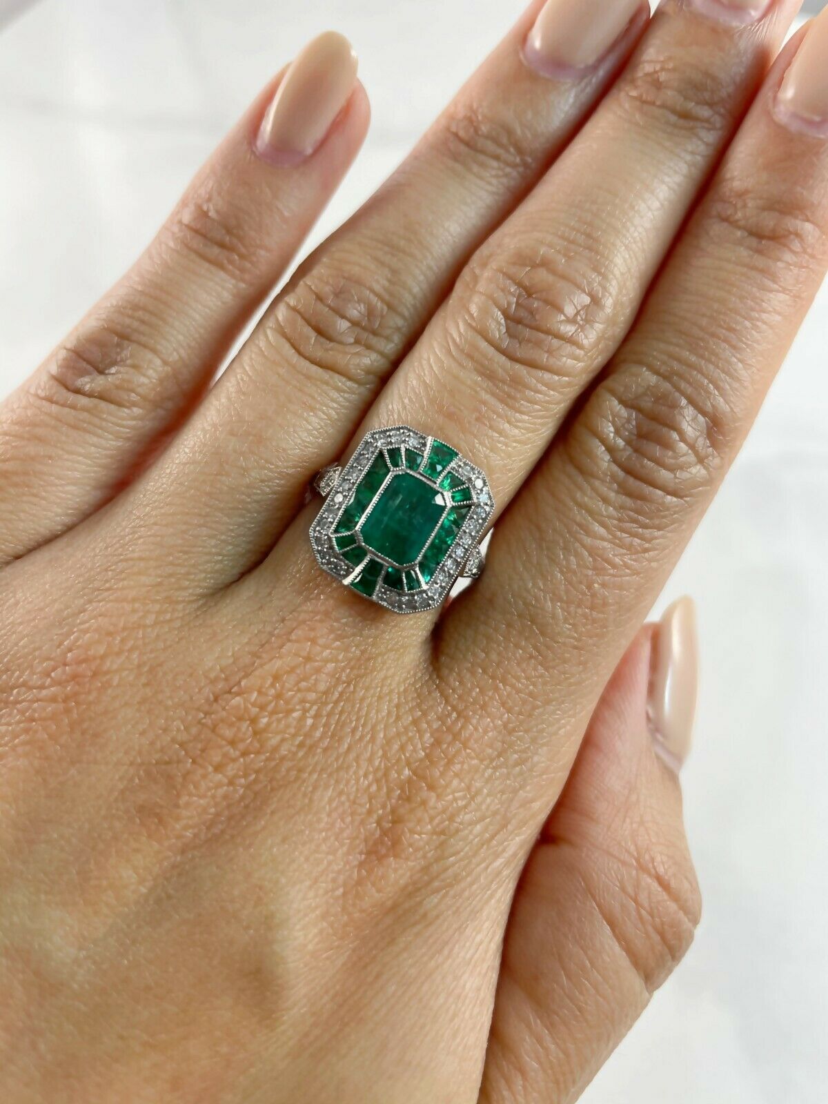 Emerald Platinum Diamond Ring Art Deco Handmade Certified Natural