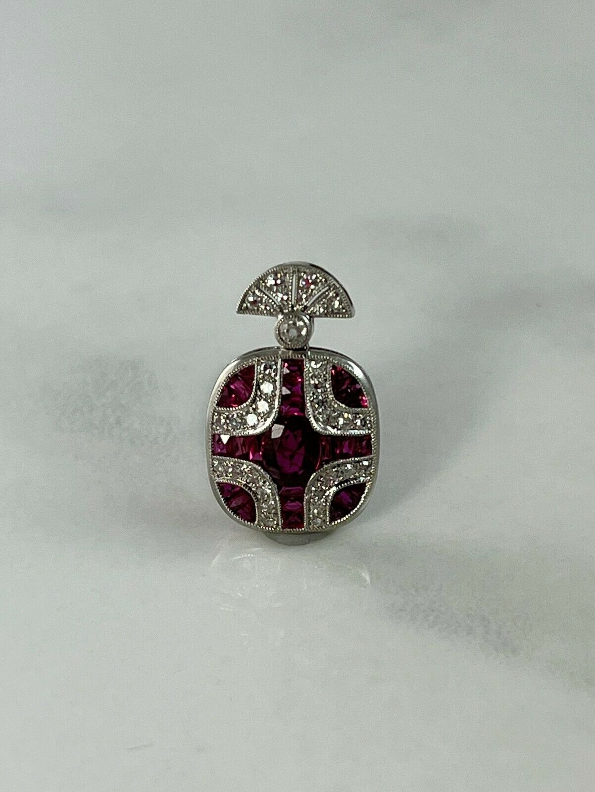 Ruby Diamond Platinum Pendant Necklace Art Deco Oval Cut Antique Finish Natural