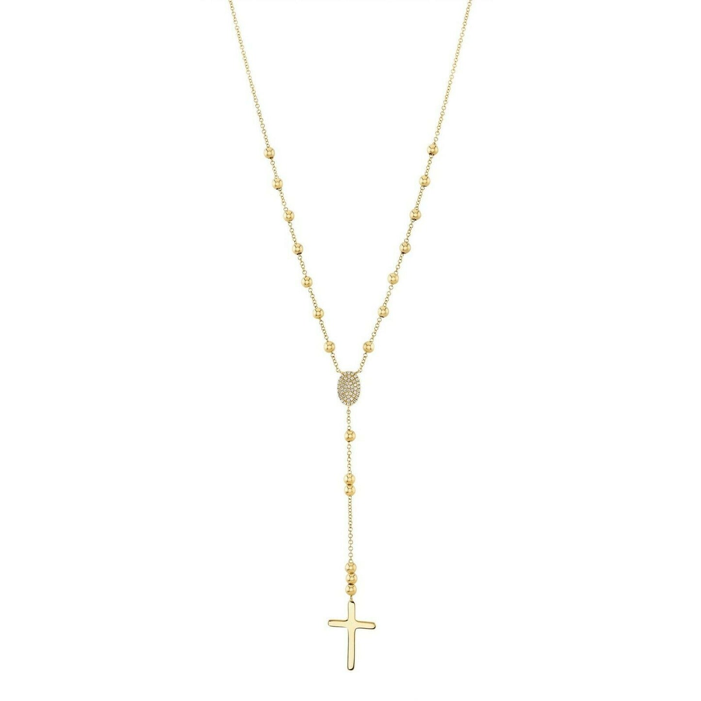14K Gold 0.11CT Diamond Rosary Rosario Cross Necklace Lariat Round Cut