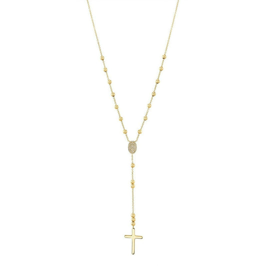 14K Gold 0.11CT Diamond Rosary Rosario Cross Necklace Lariat Round Cut