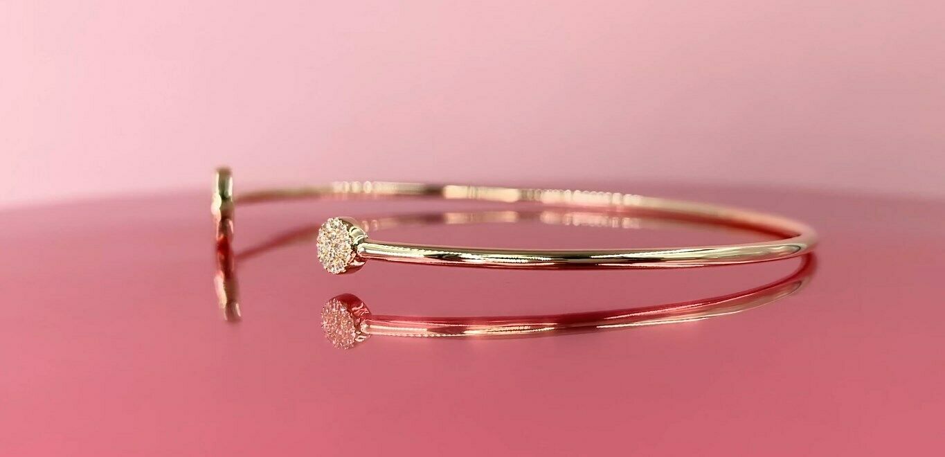 14K Gold 0.04 CT Diamond Open Bangle Bracelet Minimalist Circle Disc Dainty Natural