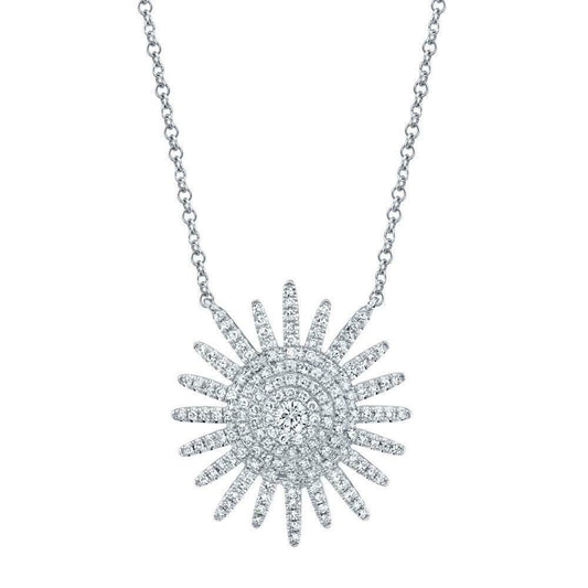 14K Gold 0.43 CT Diamond Sun Ray Sunshine Starburst Pendant Necklace Round