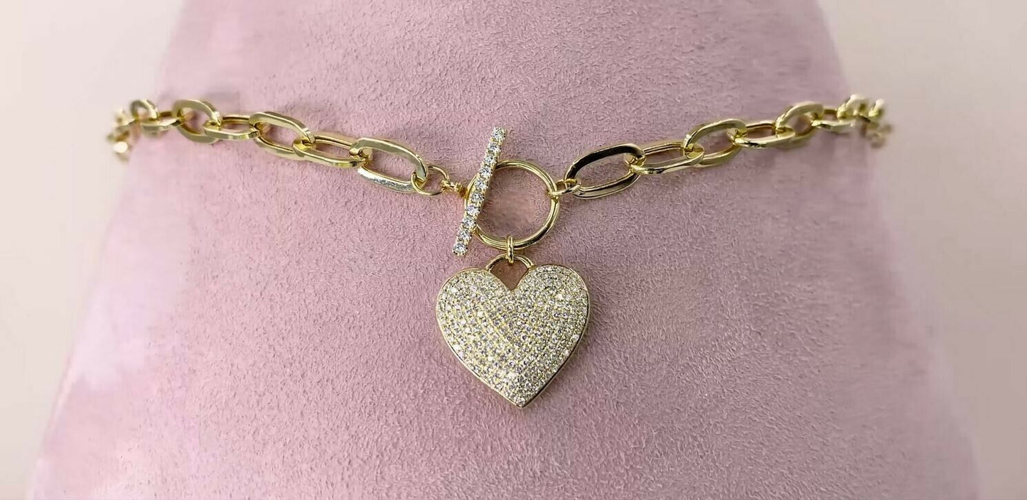 14K Gold 0.50CT Diamond Paper Clip Link Heart Necklace Round Cut Pave set