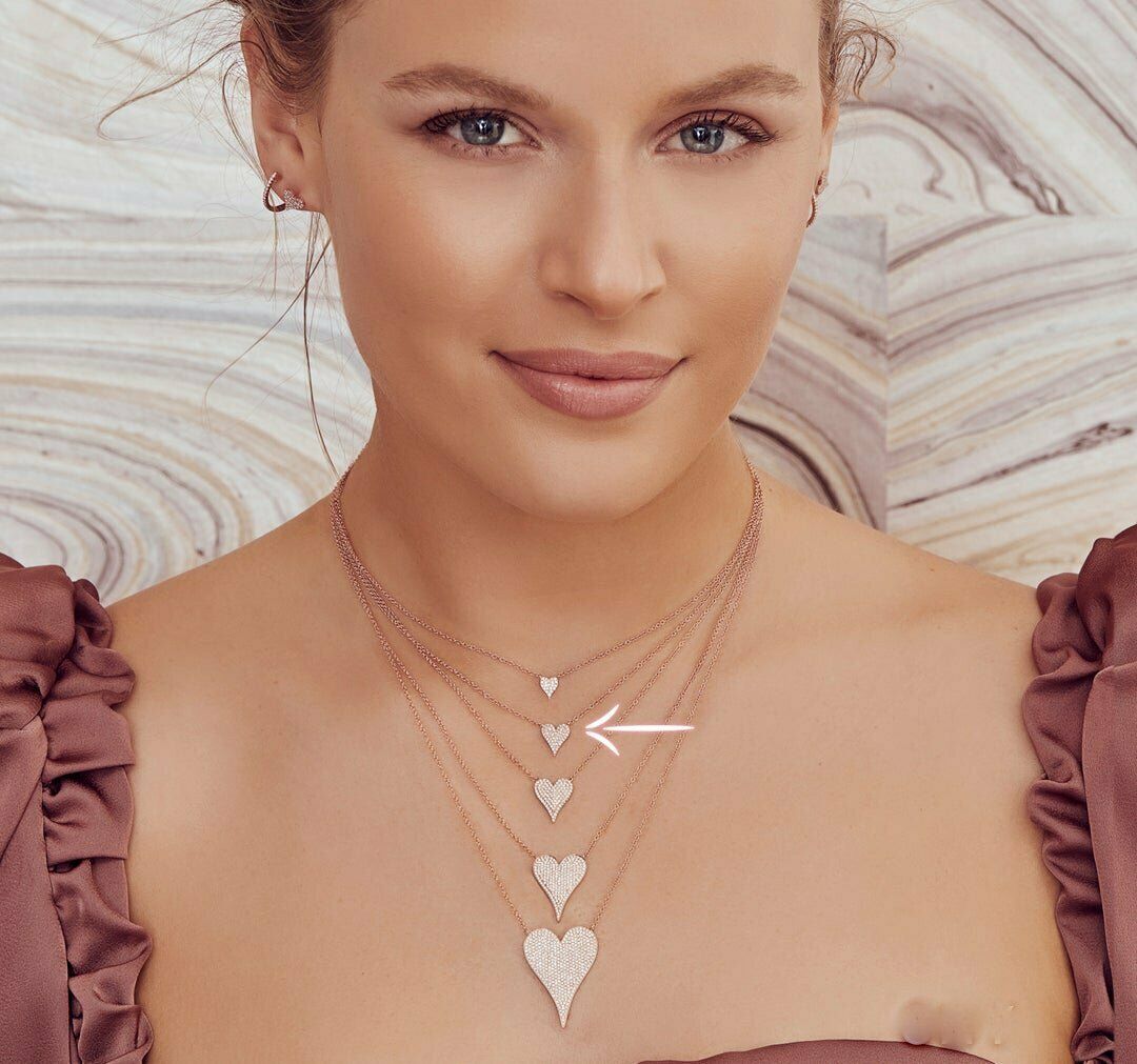 Diamond Heart Pendant Necklace 14K Rose Gold Round Cut Pave Love 0.11 CT V Day