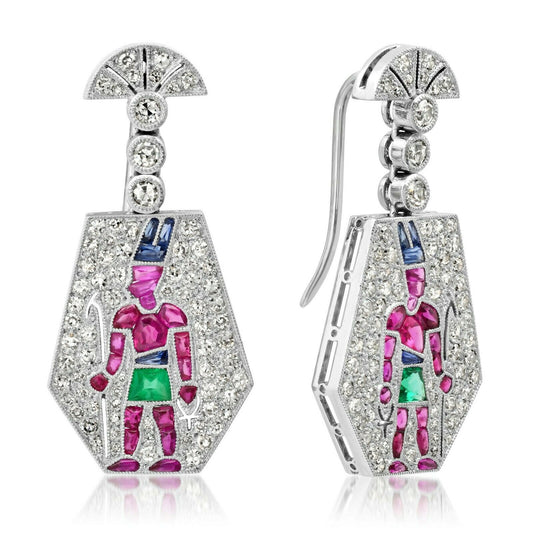 Diamond Egyptian Pharaoh Ankh Platinum Earrings Multi Gemstones Certified Natural