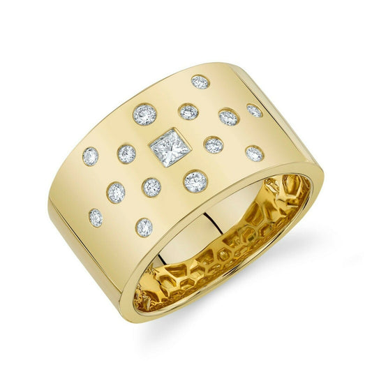 14K Gold 0.10 CT Diamond Princess Cut Ring Wide Band Bezel Set Floating Scattered