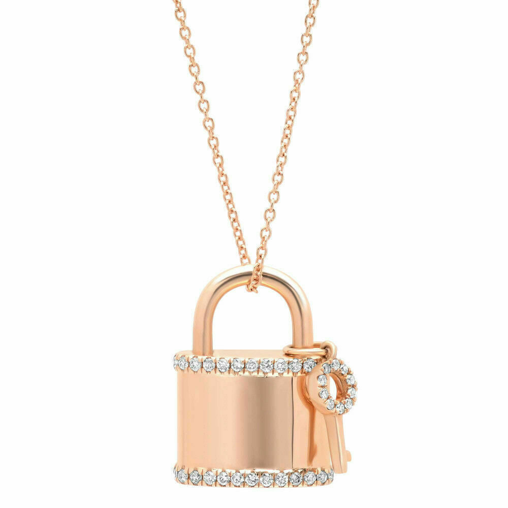 14k Gold 0.21 CT Diamond Lock & Key Pendant Necklace Natural Round Cut