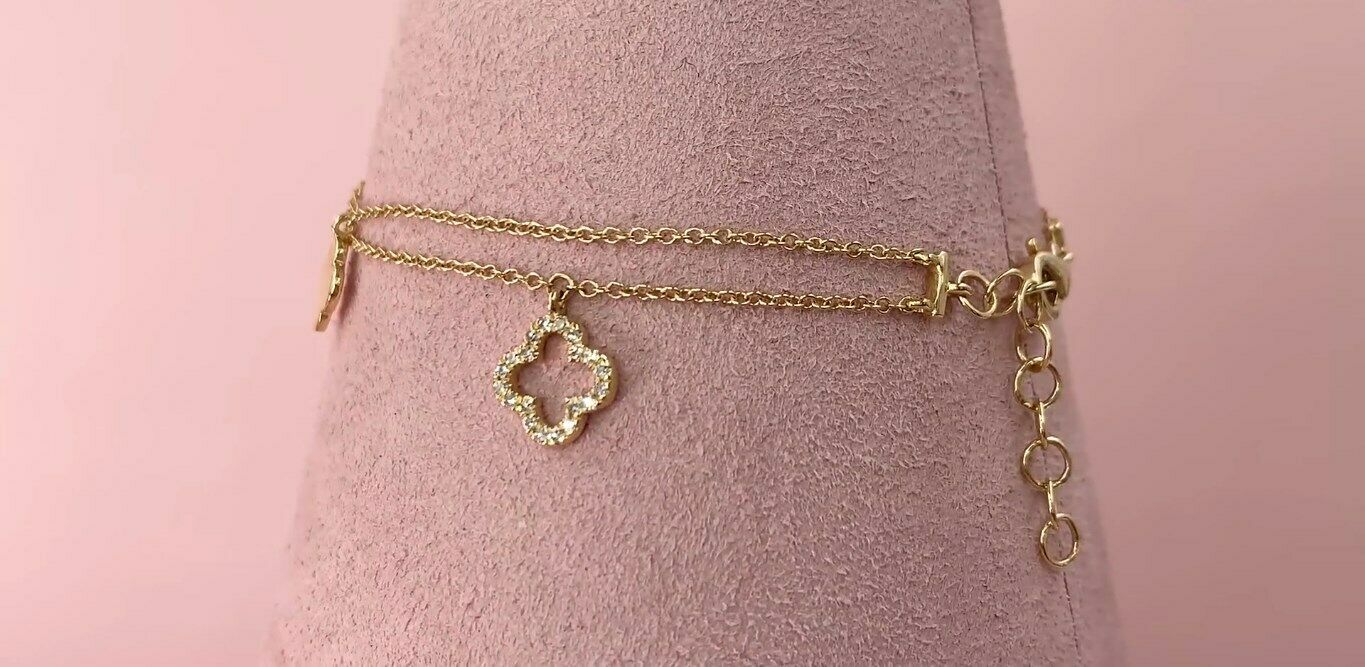 14K Gold 0.19 CT Diamond Clover Charm Bracelet Round Cut Natural Womens