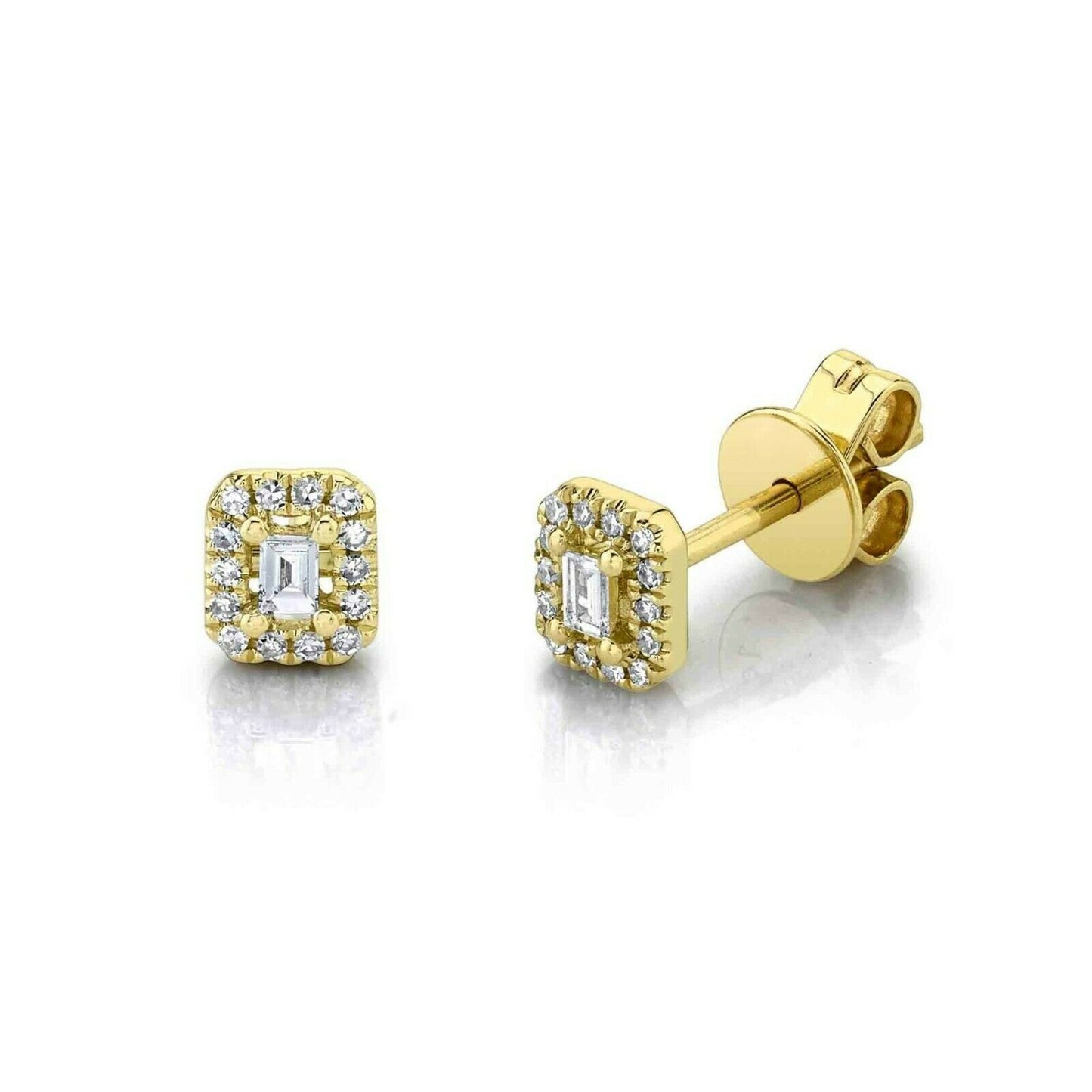 14K Gold 0.12 CT Baguette Cut Diamond Stud Earrings Halo Square