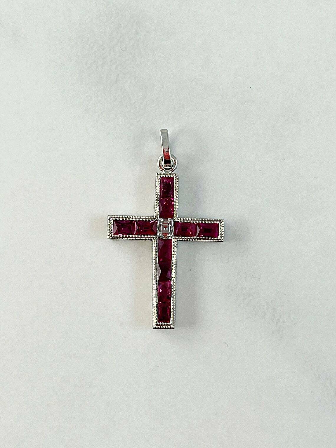 Art Deco Ruby Diamond Cross Platinum Pendant Necklace Chain Included