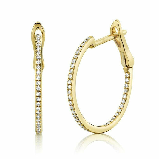 14K Gold 0.21CT Diamond Hoop Earrings Inside Outside Round Cut Latch Lock