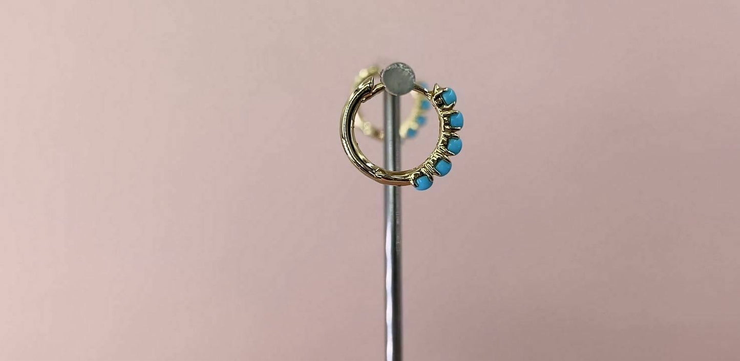 14K Gold 0.43CT Turquoise Huggie Earrings Round Cabochon 0.40" Hoops