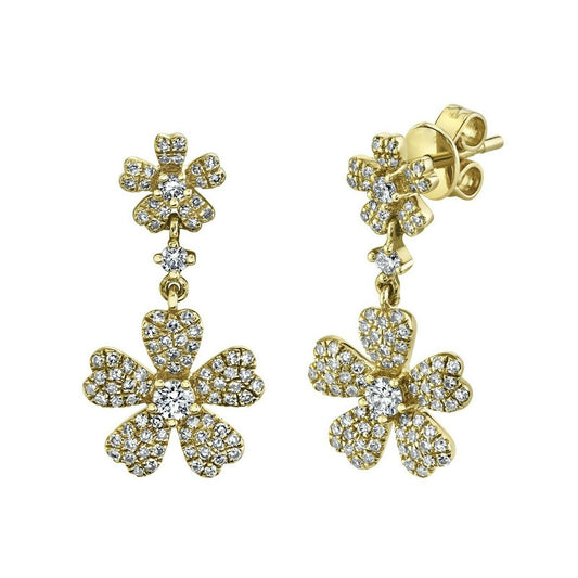14K Gold 0.54 CT Diamond Flower Earring Drop Dangle Round Cut Pave Natural