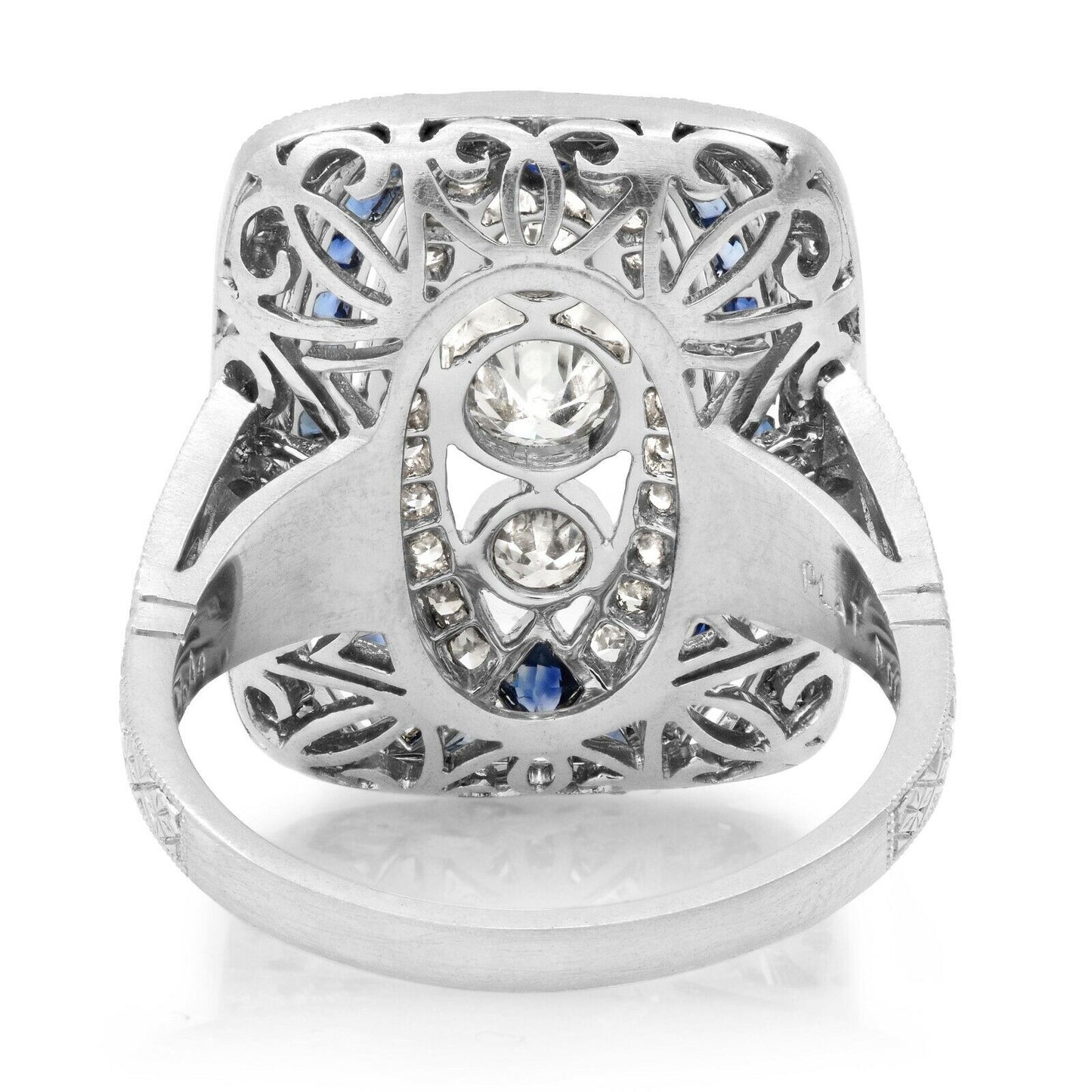 Art Deco Diamond Blue Sapphire Platinum Ring Handmade Natural