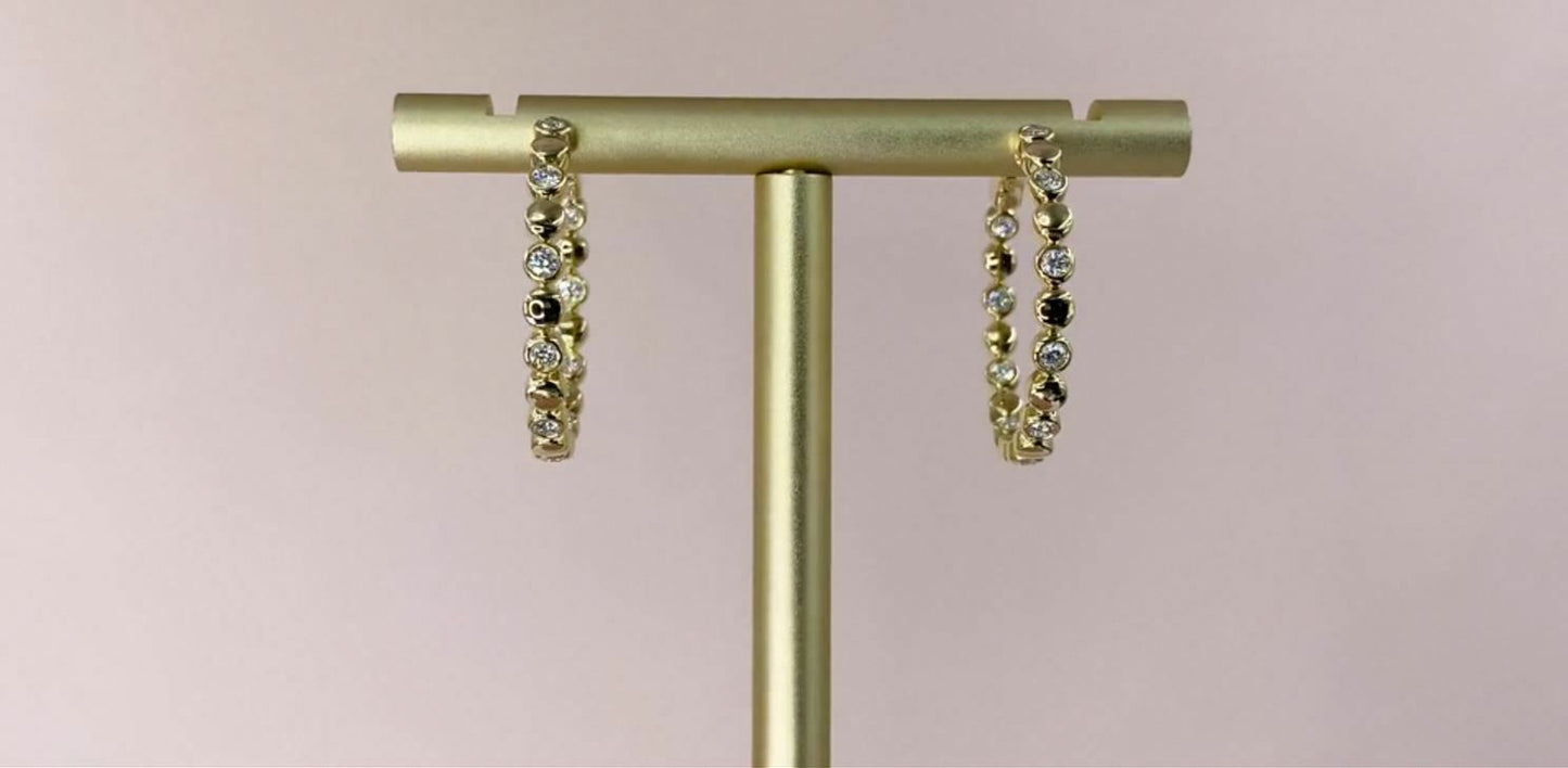 14K Gold 0.50 CT Bezel Set Diamond Hoop Earrings Inside Outside Round Cut
