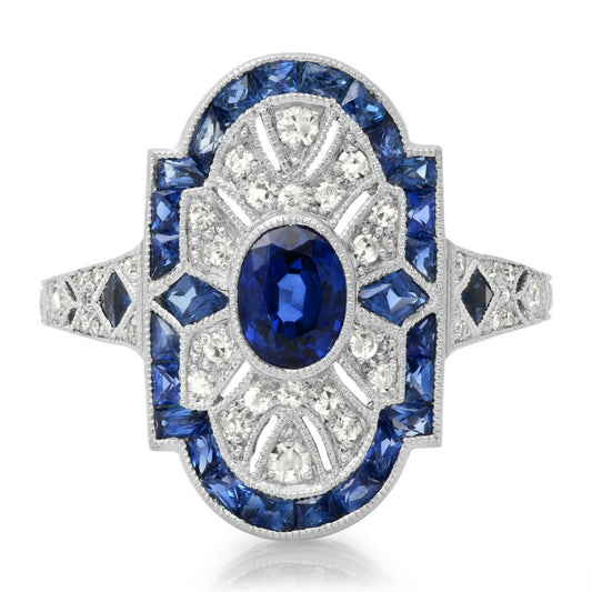 Art Deco Oval Blue Sapphire Platinum Diamond Ring Handmade