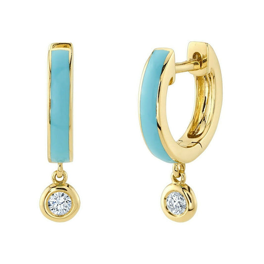 14K Gold 0.08 CT Diamond Turquoise Enamel Huggie Earrings Drop Round Bezel Set