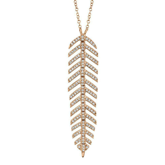 14K Gold 0.29 CT Diamond Feather Pendant Necklace Flexible Natural Round Cut