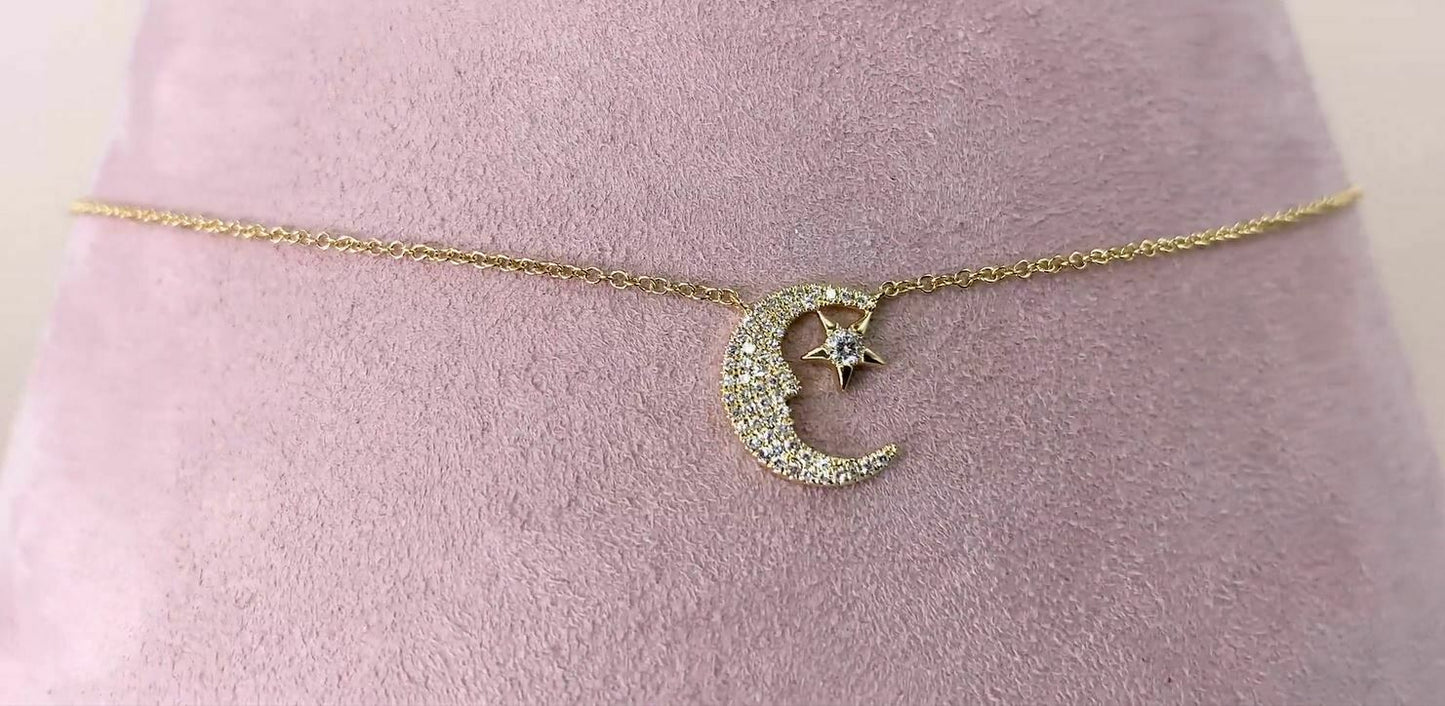 Moon And Star Diamond Necklace 14K White Gold Round Cut 0.16 CT Natural Pendant