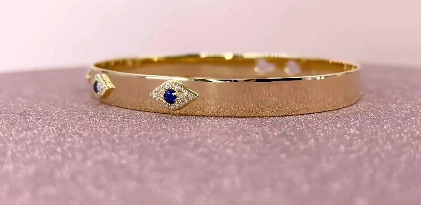 14k Gold 0.28  CT Sapphire Diamond All Seeing Eye Bangle Natural Round Cut
