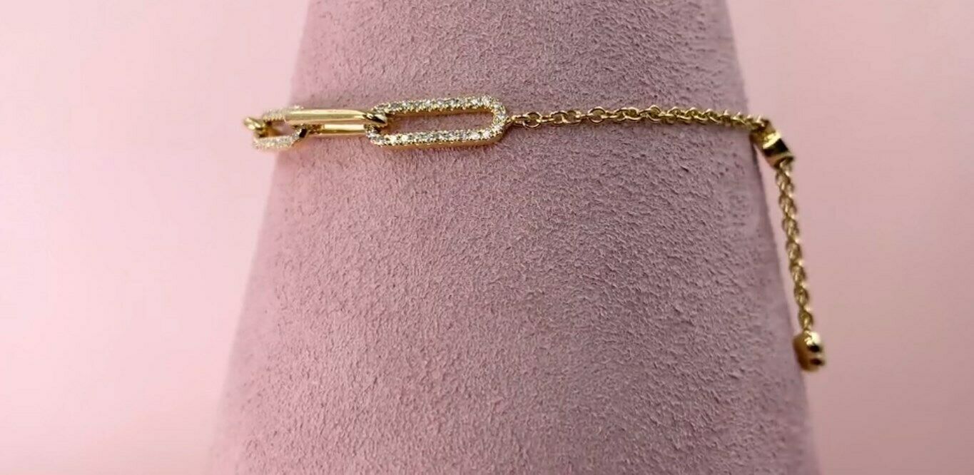 14K Gold 0.40 CT Diamond Paperclip Bolo Bracelet Certified Natural Round