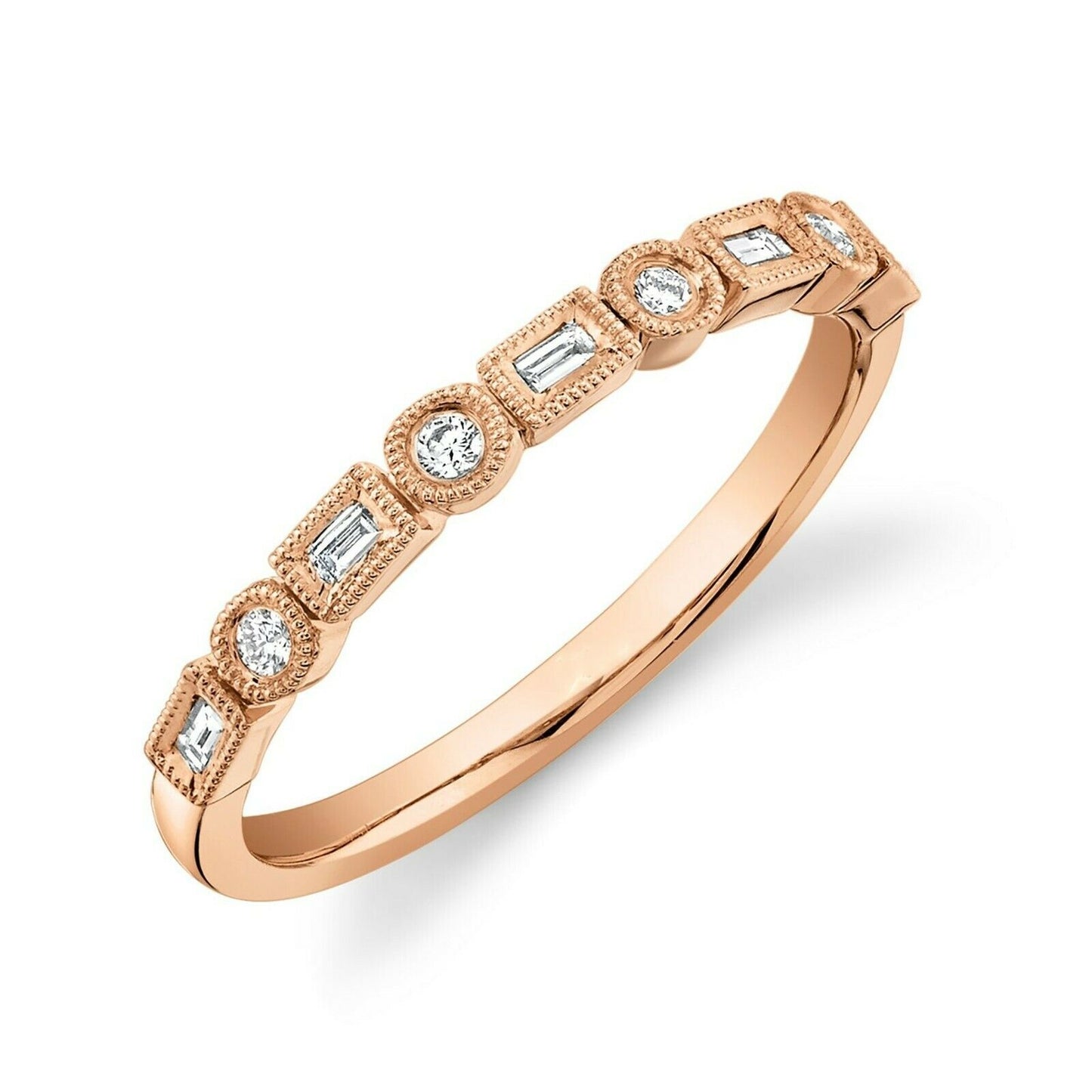 14K Gold 0.14CT Art Deco Baguette Round Diamond Ring Band Beaded Milgrain Bezel