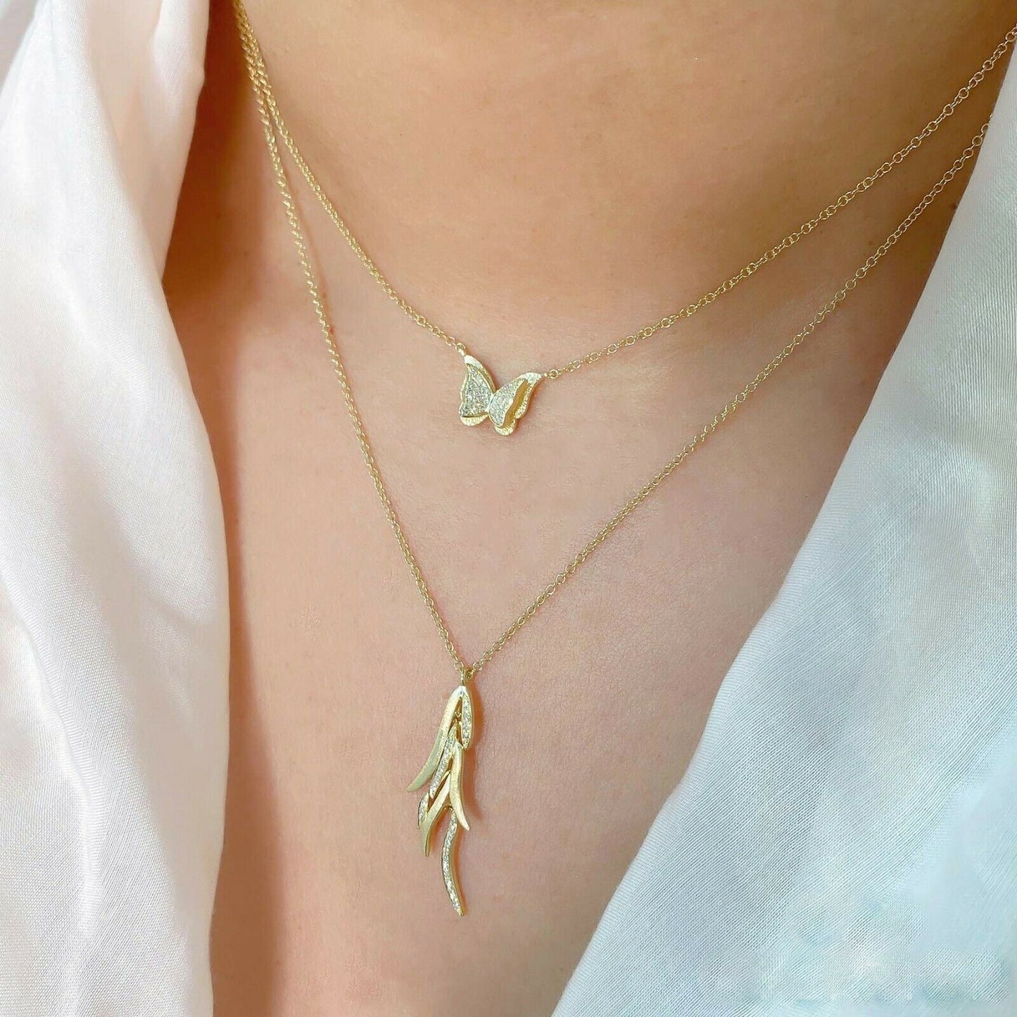 14K Gold 0.06CT Diamond Butterfly Necklace Round Natural Women's Pendant